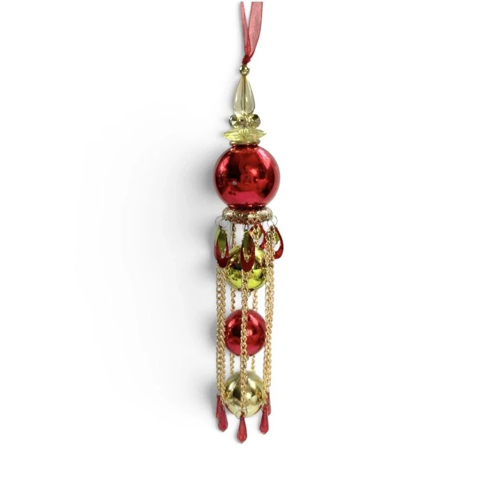 Red Gold Tiered Dangling Christmas Ornament Metallic Bauble Gold Chain Festive